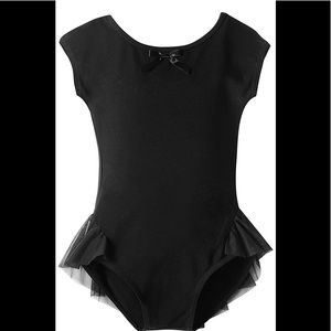 New black cap sleeve flutter waist dance leotard